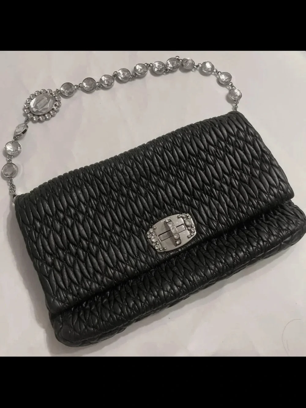 Miu Miu Black Quilted Leather Shoulder Bag with Crystal-Strap